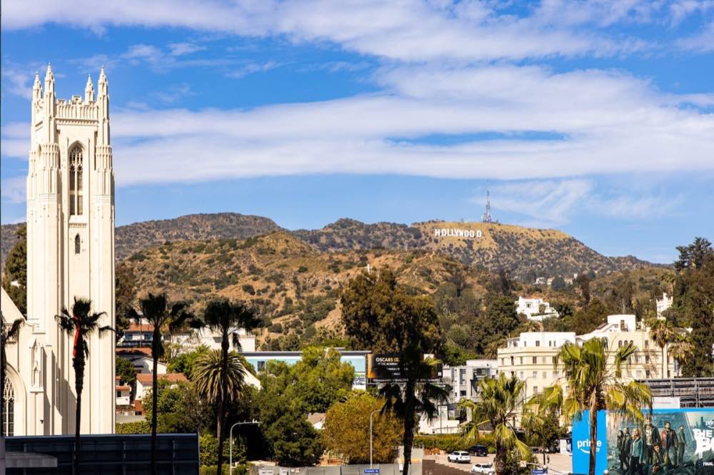 A view of the Hollywood sign and the Hollywood Hills.