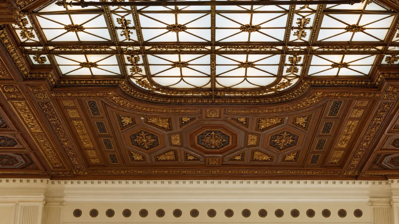 Generated daylight framing study of the Biltmore Music Room ceiling from the film camera angle