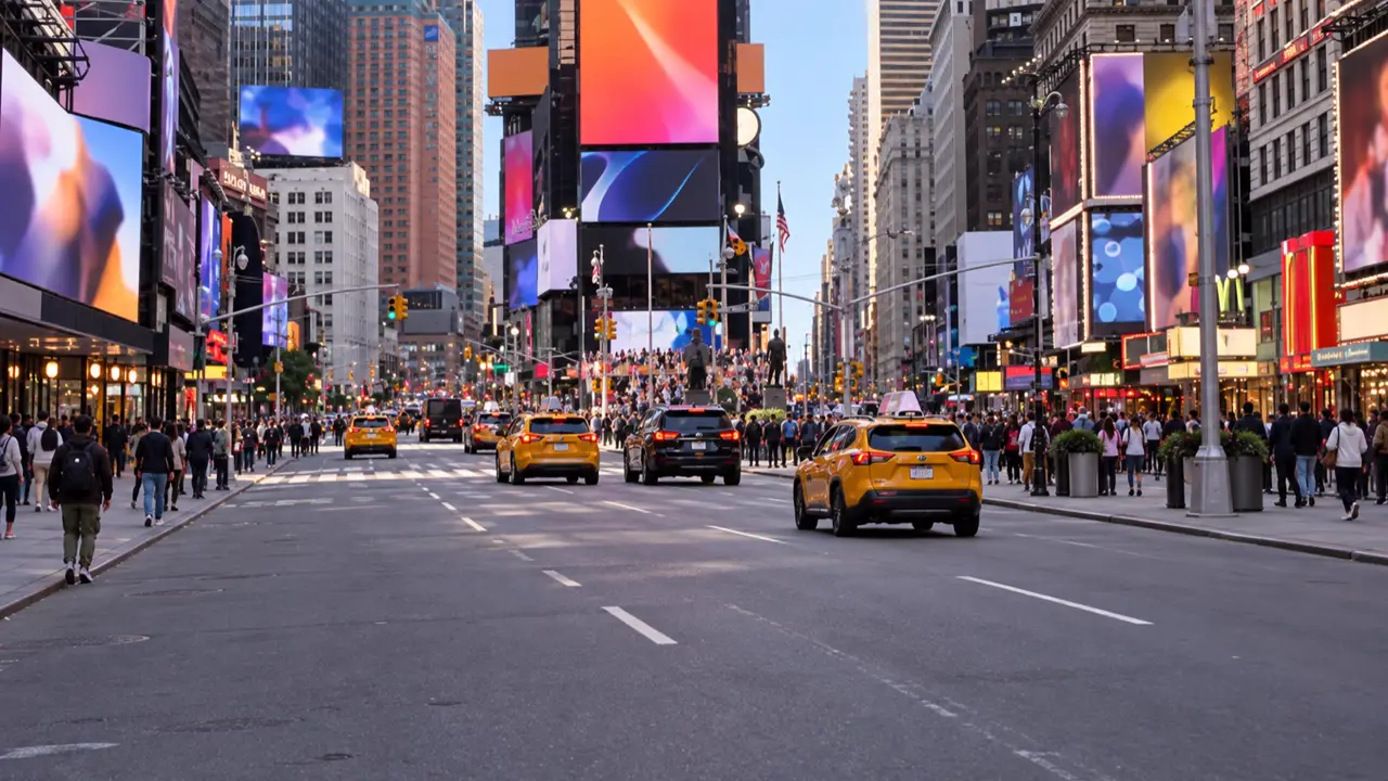 Generated contemporary Times Square framing study facing the same street fork as the film